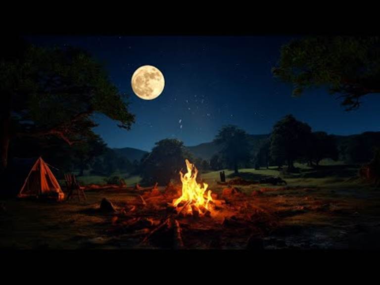Cozy Campfire on a Clear Night with Full Moon & Shooting Stars - Crickets,  Owls and Fire Sounds