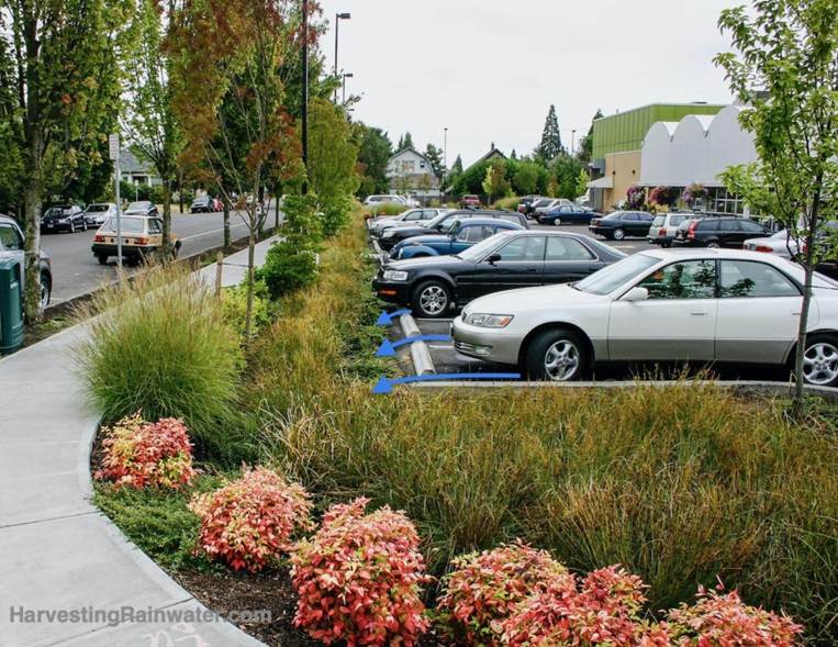 Water-harvesting parking lot, garage, and driveway image gallery -  Rainwater Harvesting for Drylands and Beyond by Brad Lancaster